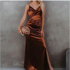VICI Copper Satin Lace Back Maxi Dress Ruched Side Slit Formal Elegant Glam Hoco